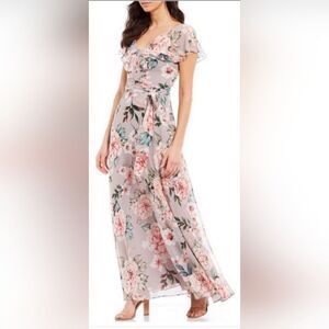 Eliza J Women's Floral-Print Flutter-Sleeve Chiffon Dress NWT size 10 grey